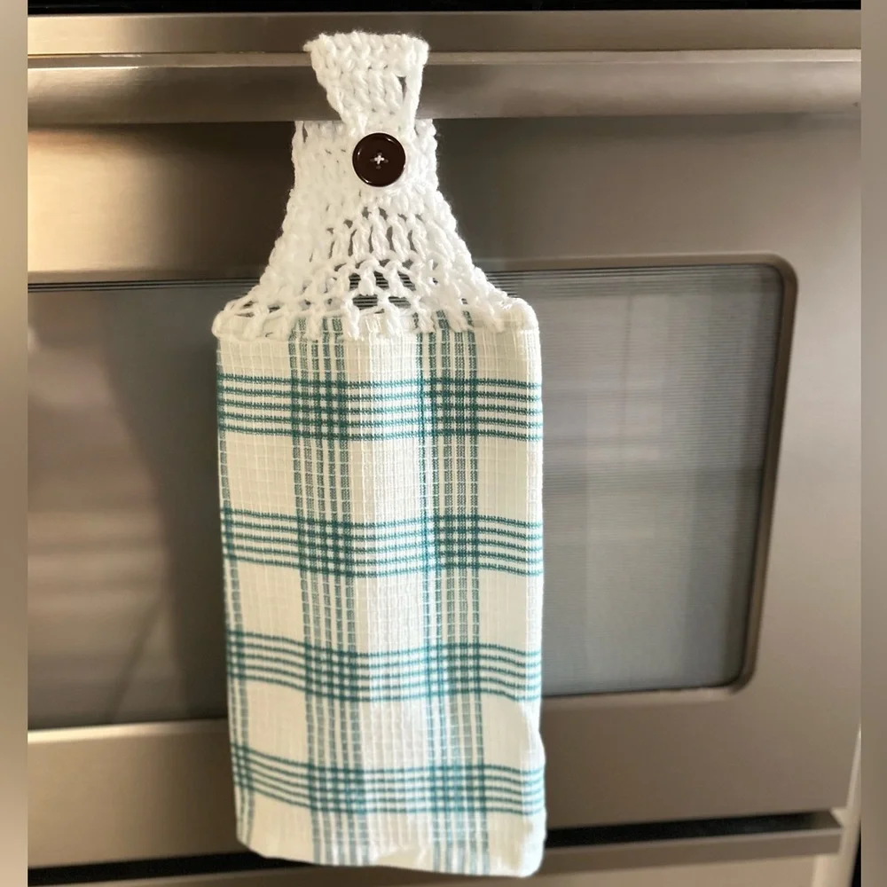 Hand Crafted Plaid Hanging Kitchen Hand Towel Crochet Top